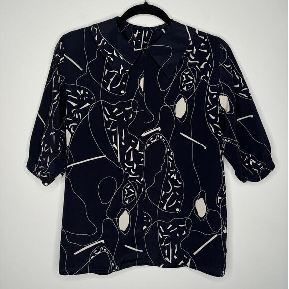 Vintage Jaeger, Made in Great Britain, Collard Abstract Blue Short Sleeve Blouse - Picture 1 of 6